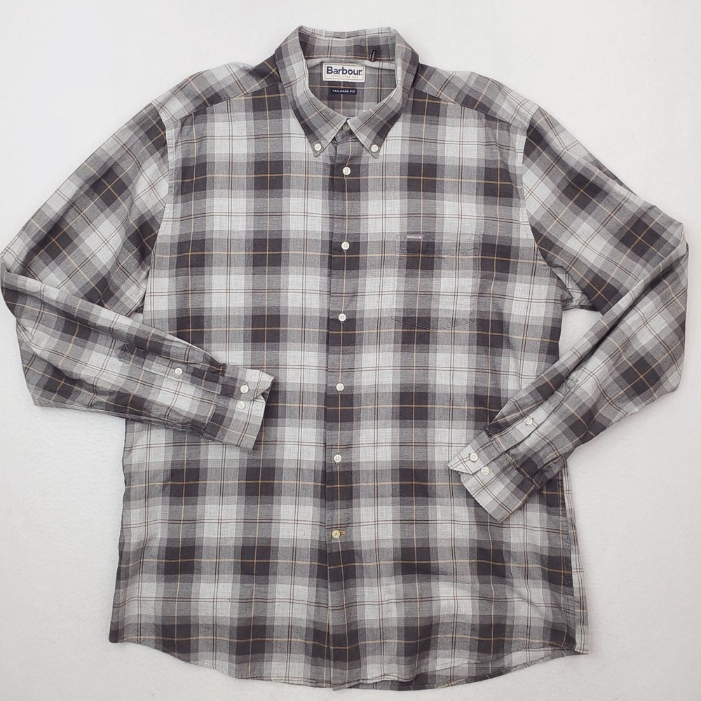 Barbour Shirt Mens XL Gray Brown Wetheram Greystone Plaid Button Down Tailored